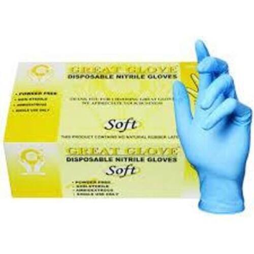 DESCRIPTION: (10) BOXES OF (100) PAIRS OF DISPOSABLE GLOVESBRAND/MODEL: GREAT GLOVEINFORMATION: NITRILE, POWDER FREE, SOFTSIZE: LARGERETAIL$: $72.20 TOTALQTY: 10