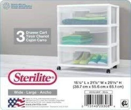 DESCRIPTION: (1) 3 DRAWER CART BRAND/MODEL: STERILITE #2930LAB8F INFORMATION: WHITE AND CLEAR SIZE: 15X21X25 RETAIL$: $25.00 EA QTY: 1