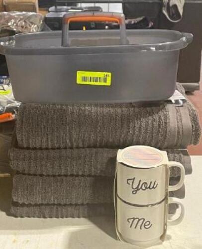 4 CT. BATH TOWEL SET WITH CADDY AND MATCHING COFFEE CUPS