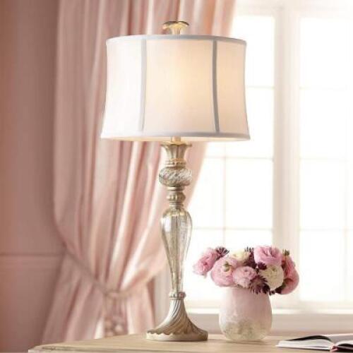 ALYSON TRADITIONAL TABLE LAMP MERCURY GLASS SILVER CHAMPAGNE WHITE DRUM SHADE