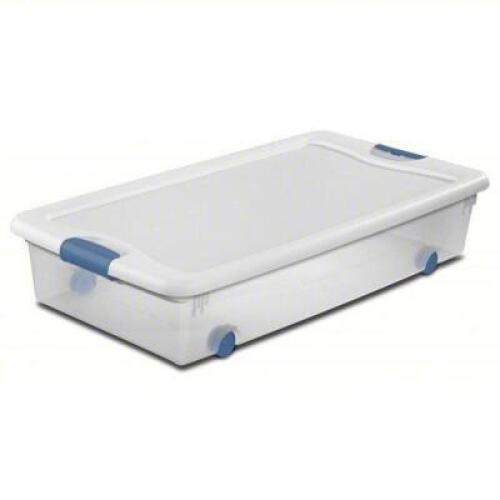 DESCRIPTION: (1) STORAGE TOTE BRAND/MODEL: STERILITE #52VN77 INFORMATION: CLEAR SIZE: 14 gal, 33 7/8 in x 18 3/4 in x 7 in, Clear Body, White Lid, 10