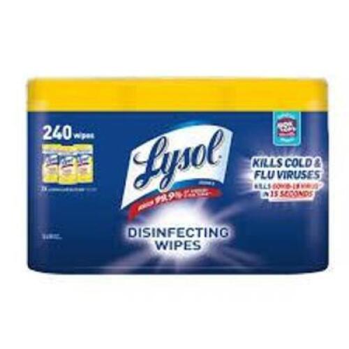 DESCRIPTION: (3) DISINFECTING WIPES BRAND/MODEL: LYSOL INFORMATION: LEMON, 240 WIPES RETAIL$: $10.00 EA QTY: 3