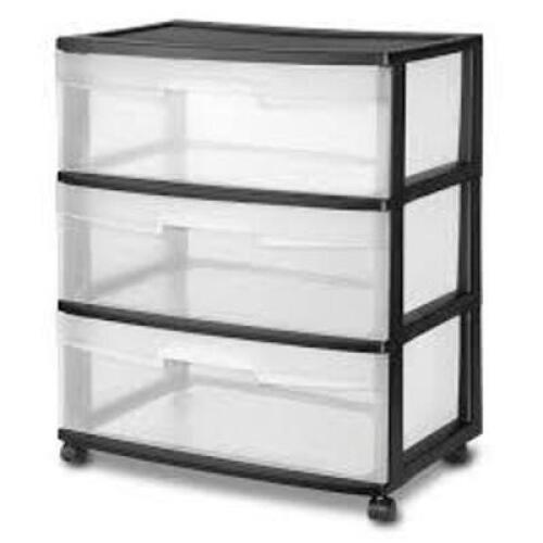 DESCRIPTION: (1) CLEAR WINDOW STORAGE TOTE BRAND/MODEL: STERILITE INFORMATION: BLACK, 3 DRAWER SIZE: 15-1/4" X 21-7/8" X 25-5/8" RETAIL$: $36.39 EA QT
