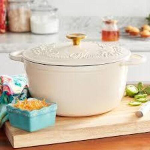 DESCRIPTION: (1) CAST IRON DUTCH OVEN BRAND/MODEL: THE PIONEER WOMAN INFORMATION: TIMELESS BEAUTY, ENAMELED CAST IRON SIZE: 5 QT RETAIL$: $44.97 EA QT