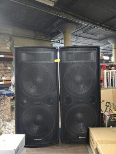 DESCRIPTION: (2) DUAL 15" 2 WAY P.A SPEAKERS BRAND/MODEL: MCM CUSTOM AUDIO 555-10295 SIZE: 1000 WATT PEAK 8OHM RETAIL$: $446.00 QTY: 2