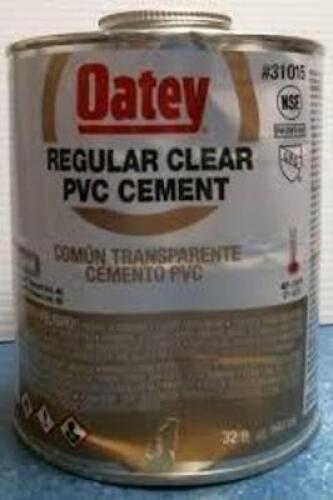 DESCRIPTION: (2) REGULAR CLEAR PVC CEMENTBRAND/MODEL: OATEY #31015SIZE: 32 FL OZRETAIL$: $15.95 EAQTY: 2