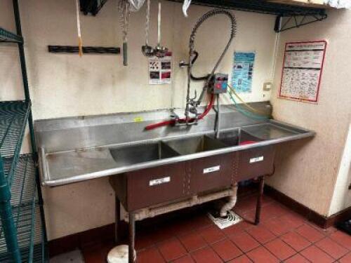 DESCRIPTION 90" THREE WELL STAINLESS POT SINK W/ LEFT AND RIGHT DRY BOARDS ADDITIONAL INFORMATION W/ SPRAYER AND CHEMICAL DISPENSER. SIZE 90" LOCATION