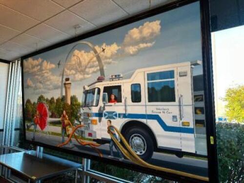 DESCRIPTION 10' X 5' FRAMED PAINTING "FAIRVIEW FIRE TRUCK W/ CHILDREN" SIZE 10' X 5' LOCATION COUNTER QTY 1
