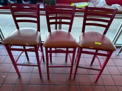 DESCRIPTION (3) 30" LADDER BACK METAL BAR STOOLS. ADDITIONAL INFORMATION SEATS ALL HAVE WEAR AND TEAR. LOCATION COUNTER QTY 3