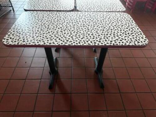 DESCRIPTION 46" X 24" DOUBLE PEDESTAL TABLE W/ DALMATIAN PRINT TOP SIZE 46" X 24" LOCATION COUNTER QTY 1