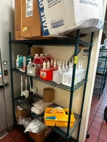 DESCRIPTION CONTENTS OF SHELF - LARGE ASSORTMENT OF HAND SOAPS AND CLEANING SUPPLIES. LOCATION KITCHEN QTY 1