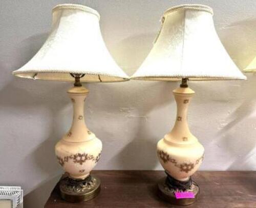 (2)- 1950-59 HAND PAINTED GLASS VICTORIAN LAMP W/ BRASS BASS