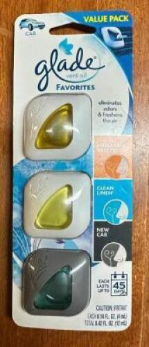 (5)- THREE PACKS OF GLADE CAR AIR VENT SCENTS
