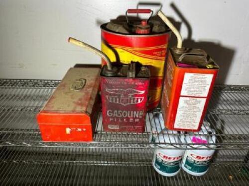 ASSORTED METAL GAS CANS AND METAL TOOL BOX