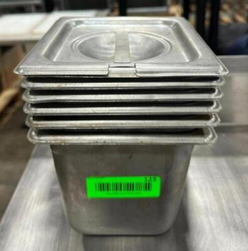 (6) 1/6 SIZE STAINLESS INSERTS WITH LIDS