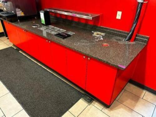 DESCRIPTION 138"' X 35" BEVERAGE STATION COUNTER AND CABINET W/ COMPOSITE TOP. SIZE 138" X 35" LOCATION FRONT QTY 1