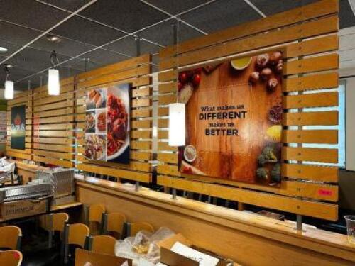 DESCRIPTION (4) 60" X 50" WOODEN SLAT PANEL ROOM DIVIDERS W/ BOTTOM PARTITION. ADDITIONAL INFORMATION W/ ASSORTED FAZOLIS SIGNS LOCATION FRONT QTY 1