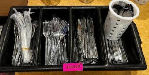 DESCRIPTION FOUR GROUP SILVERWARE CADDY W/ CONTENTS. ADDITIONAL INFORMATION APPROX 100 FORKS AND KNIVES THIS LOT IT: ONE MONEY LOCATION FRONT QTY 1