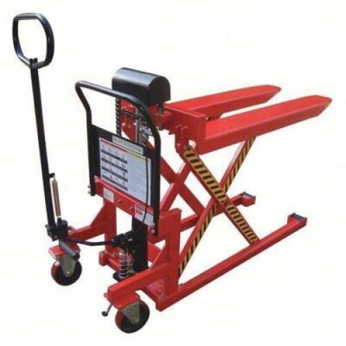DESCRIPTION: (1) MANUAL HIGH LIFT PALLET JACK BRAND/MODEL: DAYTON #11K275 INFORMATION: RED, 2,200 LB LOAD CAPACITY, 20 1/2 IN WD ACROSS FORKS, FOOT PU