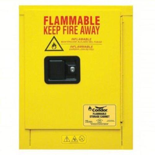 DESCRIPTION: (1) FLAMMABLES SAFETY CABINET BRAND/MODEL: CONDOR #45AE90 INFORMATION: YELLOW, STEEL, COUNTERTOP, 4 GAL DRUM CAPACITY SIZE: 17 1/2 IN X 1