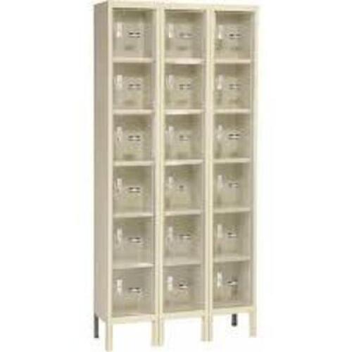 DESCRIPTION: (1) CLEAR LOCKER STORAGEBRAND/MODEL: HALLOWELLINFORMATION: CLEAR DOORS, TAN FRAME, STEEL FRAME, 18 LOCKERS, 3 WIDE, 6 TIERSIZE:&nbsp;18" X 36" X 78"RETAIL$: $1237.08 EAQTY: 1
