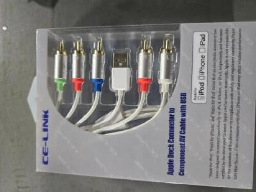 DESCRIPTION: (2) APPLE DOCK CONNECTOR TO COMPONENT AV CABLE WITH USB BRAND/MODEL: CE-LINK RETAIL$: $30.00 QTY: 2