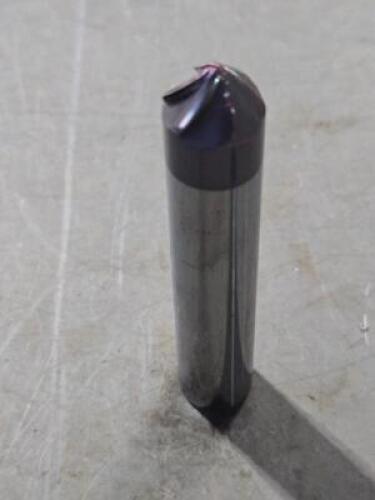 DESCRIPTION: (2) SOLID CARBIDE 45 DEG TAPER FORM BARREL CUTTERER END MILL BRAND/MODEL: ACCUPRO 03327145 SIZE: 0.6250" SM END DIA 5/16" LOC 5/8" SD RET