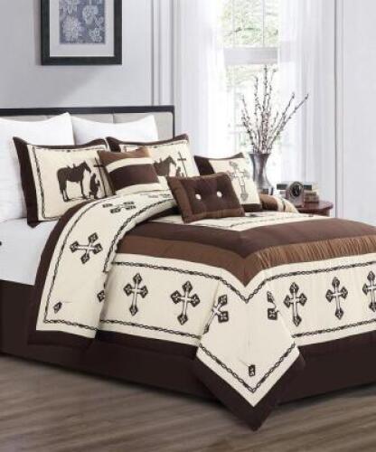 KING SIZE BEIGE CROSS LUXURY 7PC COMFORTER SET