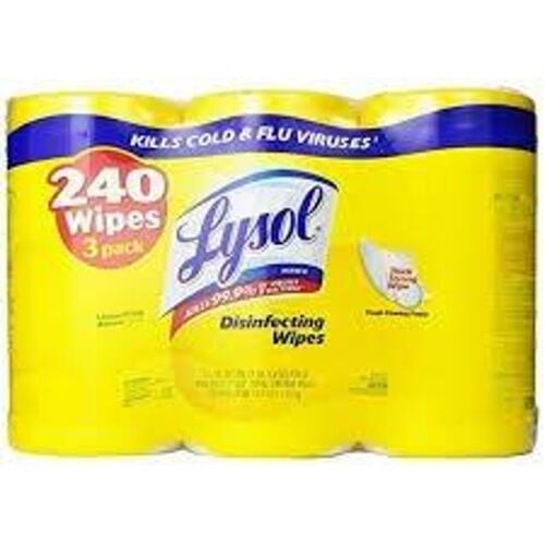 DESCRIPTION: (2) PACK OF (3) DISINFECTANT WIPES BRAND/MODEL: LYSOL SIZE: 240 WIPES PER CONTAINER RETAIL$: $20.00 EA QTY: 2