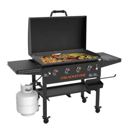 DESCRIPTION: (1) 4-BURNER GRIDDLE W/HOOD BRAND/MODEL: BLACKSTONE/2249 INFORMATION: 38,000 BTU, SIDE SHELF ACCESSORIES, 768 SQIN COOKING SURFACE SIZE: