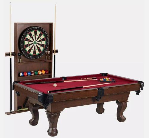 DESCRIPTION: (1) BILLIARDS TABLE W/DARTBOARD & ACCESSORIES BRAND/MODEL: BARRINGTON INFORMATION: INCLUDES BALLS, 2 CUES, TRIANGLE, BRUSH, DARTBOARD SIZ