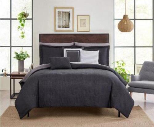 DESCRIPTION: (1) BED IN A BAG COMFORTER SET BRAND/MODEL: MAINSTAYS INFORMATION: INCLUDES (1) COMFORTER, (1) PILLOW SHAM, (3) THROW PILLOWS, (3) PIECE