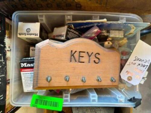 BIN OF ASSORTED PAD LOCKS AND LOCKOUT DEVICES