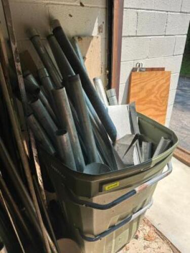 PLASTIC TRASH CAN AND CONTENTS - ASSORTED GALVANIZED DUCTING