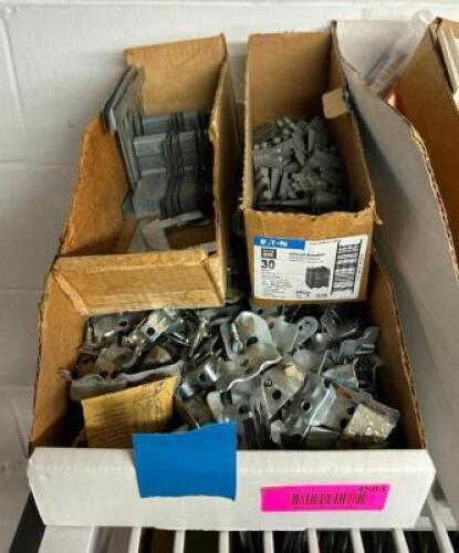 ASSORTED ELECTRICAL CLAMPS AND HARDWARE AS SHOWN