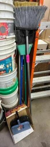 ASSORTED BROOMS AND DUST PANS