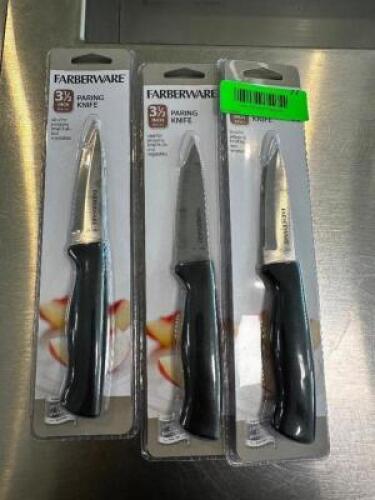 DESCRIPTION (3) FARBERWARE 3 1/2" PARING KNIVES ( NEW ) THIS LOT IS: SOLD BY THE PIECE LOCATION FRONT QTY 3
