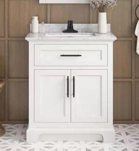 Doveton 30 in. Single Sink Freestanding White Bath Vanity with White Engineered Marble Top (Assembled)