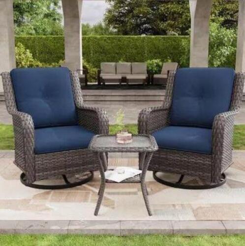 3-Piece Wicker Patio Swivel Outdoor Rocking Chair Set with Blue Cushions and Table