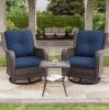 3-Piece Wicker Patio Swivel Outdoor Rocking Chair Set with Blue Cushions and Table