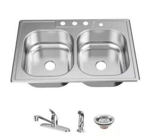 33 in. Drop-In 50/50 Double Bowl 20 Gauge Stainless Steel Kitchen Sink with Faucet and Sprayer