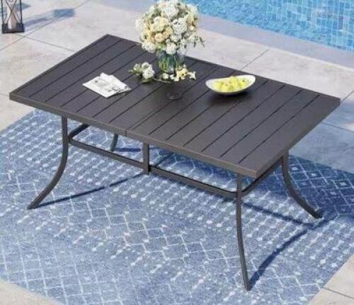 Black Rectangle Metal Patio Outdoor Dining Table with 1.57 in. Umbrella Hole