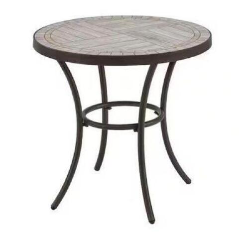 27 in. Brown Round Metal Outdoor Side Table with Grouted Porcelain Top