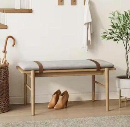 Gugan Light Brown Mid-Century Wooden Bench with Removable Fabric Cushioned Seat for Dining Room, Bedroom and Hallway