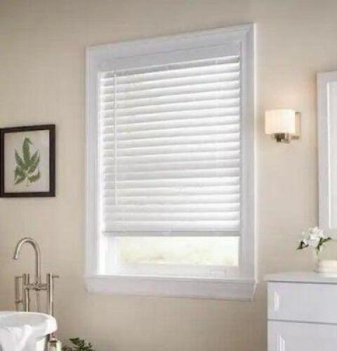 White Cordless Faux Wood Blinds for Windows with 2 in. Slats - 50 in. W x 64 in. L (Actual Size 49.5 in. W x 64 in. L)