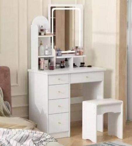 5-Drawers White Makeup Vanity Sets Dressing Table Sets With Stool, Mirror, LED Light and 3-Tier Storage Shelves