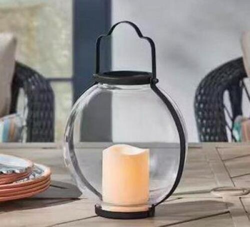 (2) - 8.6 in. H Outdoor Patio Metal and Glass Lantern with LED Candle