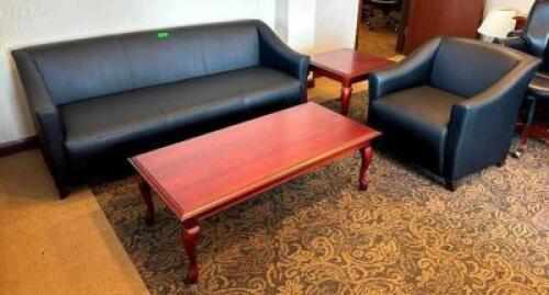 VINYL SOFA AND LOUNGE CHAIR WITH COFFEE TABLE AND SIDE TABLE