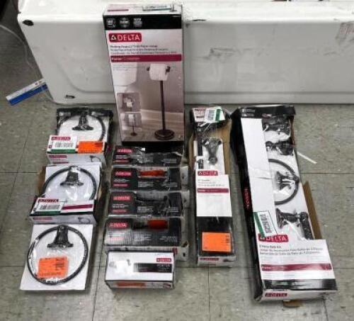 DELTA PORTER COLLECTION 11-PIECE BATHROOM SET - (1) TOILET PAPER STAND - (3) TOWEL RINGS - (4) TOILET PAPER HOLDERS - (1) 18" TOWEL BAR - (1) 3-PIECE MIXED SET