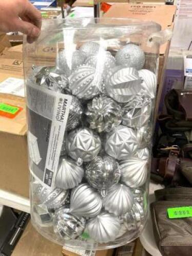 LARGE CONTAINER OF SILVER CHRISTMAS ORNAMENTS